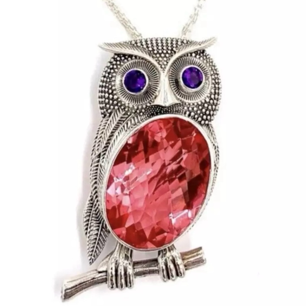 🌟Nicky Butler Watermelon Quartz Large 1-5/8" Owl Pendant 18”Necklace Brand NEW